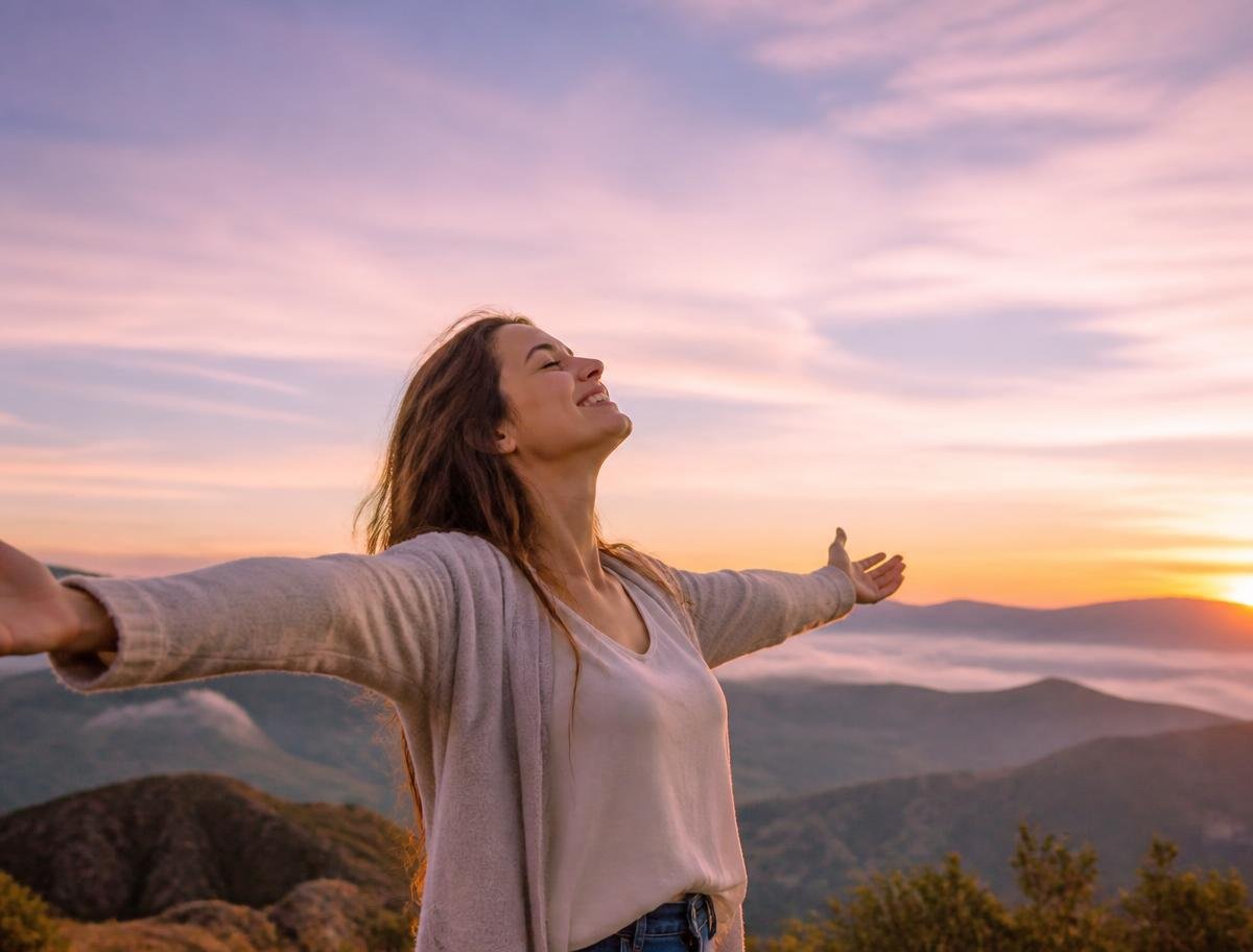 Mulher livre e feliz ao amanhecer